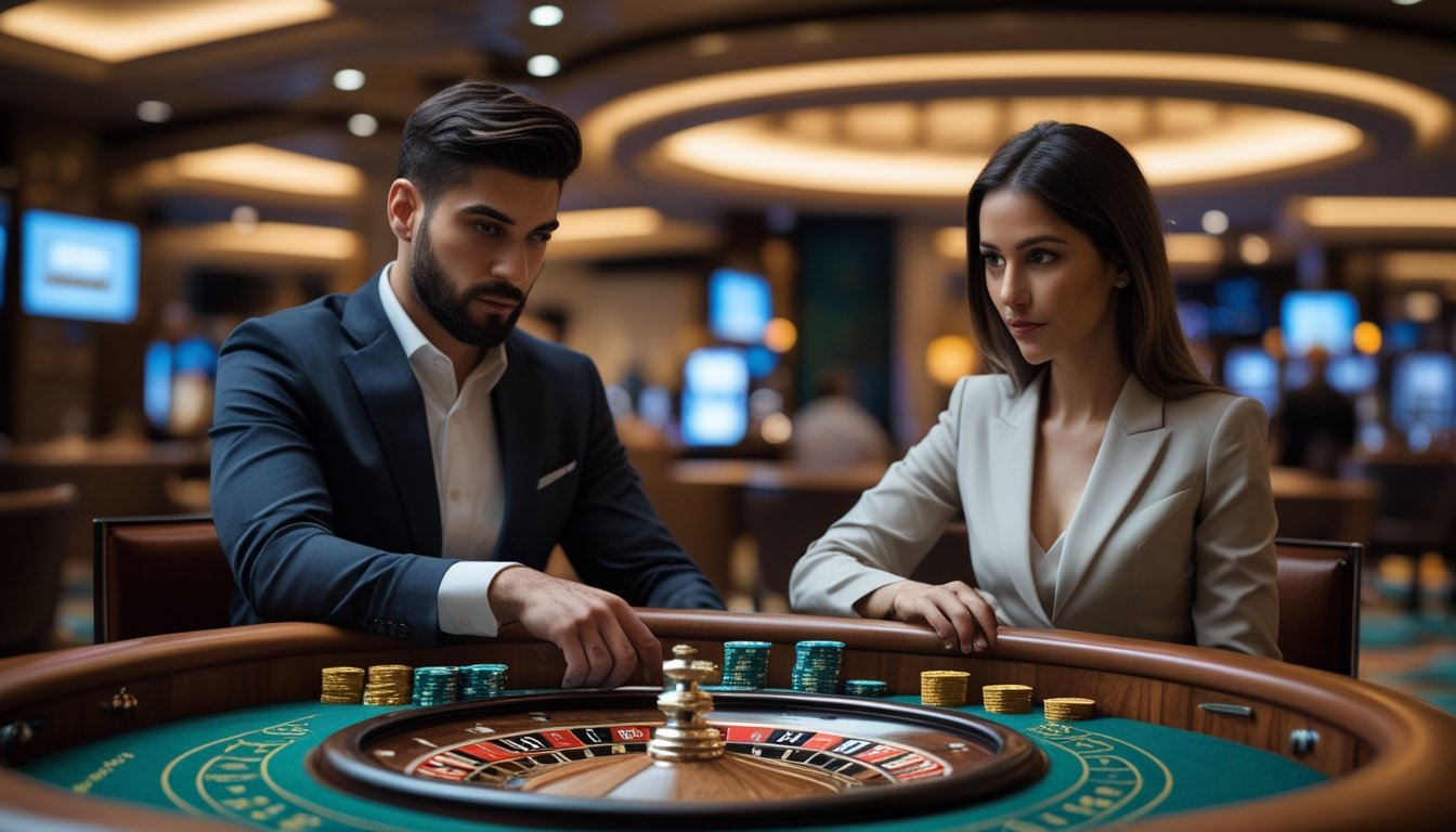 Seorang pria dan wanita berpakaian rapi duduk di meja roulette di kasino, fokus pada permainan dan pengelolaan chip.
