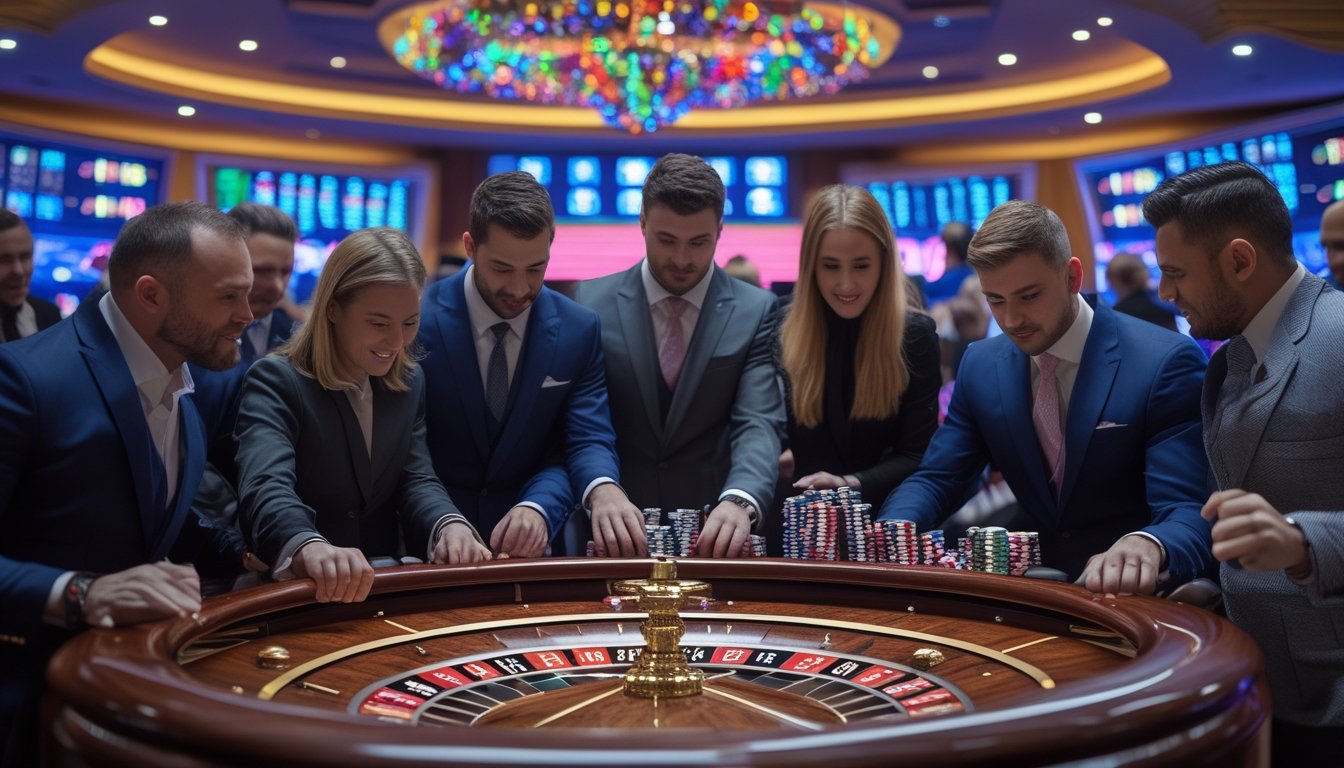 Sejumlah pemain berjudi di meja roulette dalam turnamen di kasino yang ramai dan terang.
