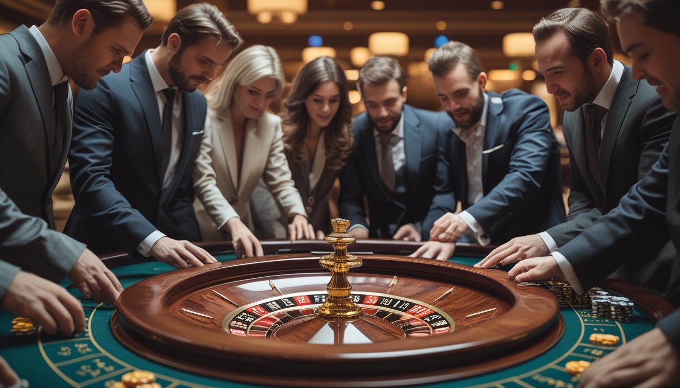 Sekelompok orang bermain roulette di meja kasino dengan suasana kompetitif dan fokus pada permainan.