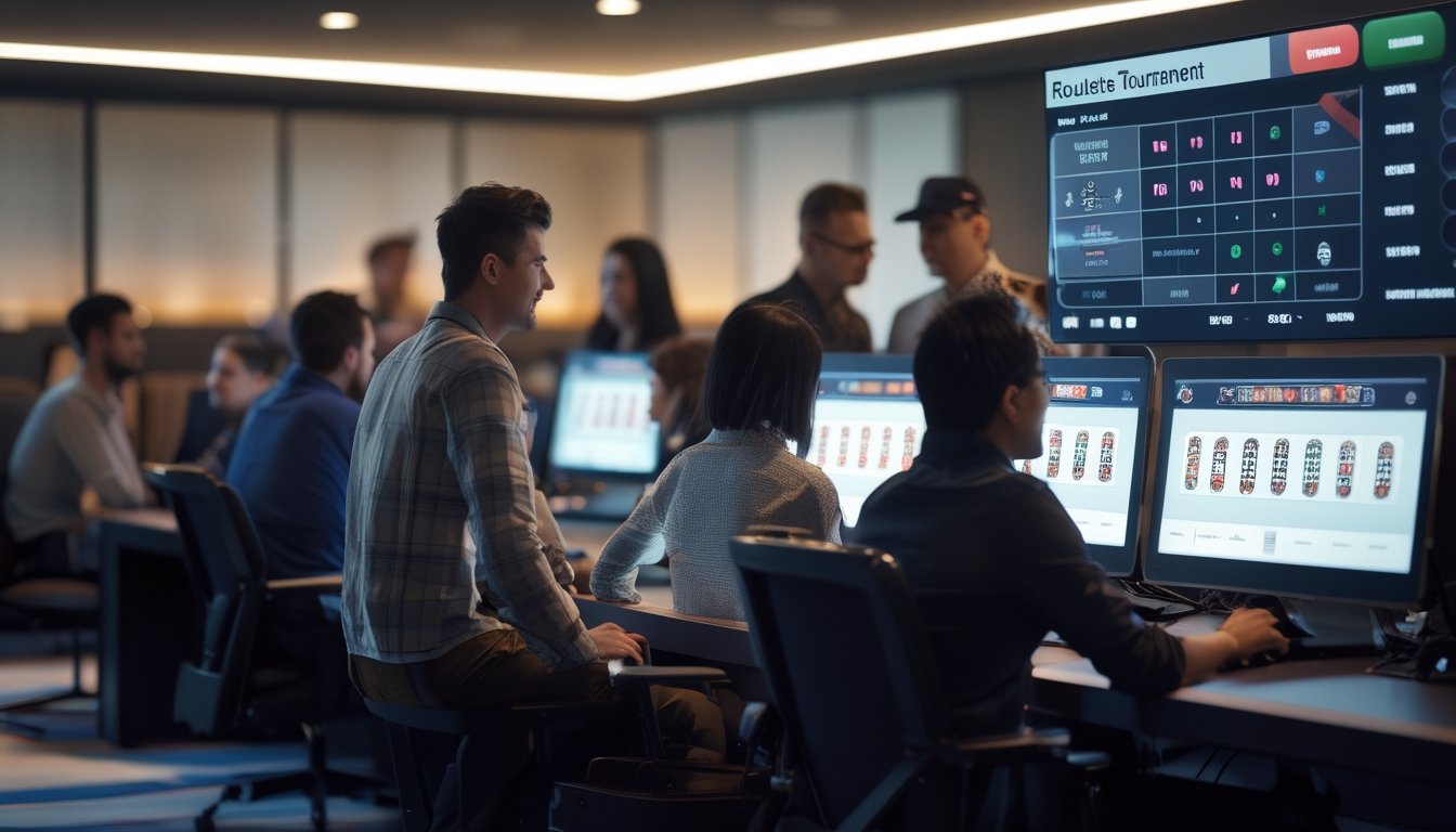 Beberapa orang duduk di depan komputer dengan layar menampilkan roda roulette digital dan papan skor turnamen, terlihat fokus dan bersemangat dalam suasana permainan online.