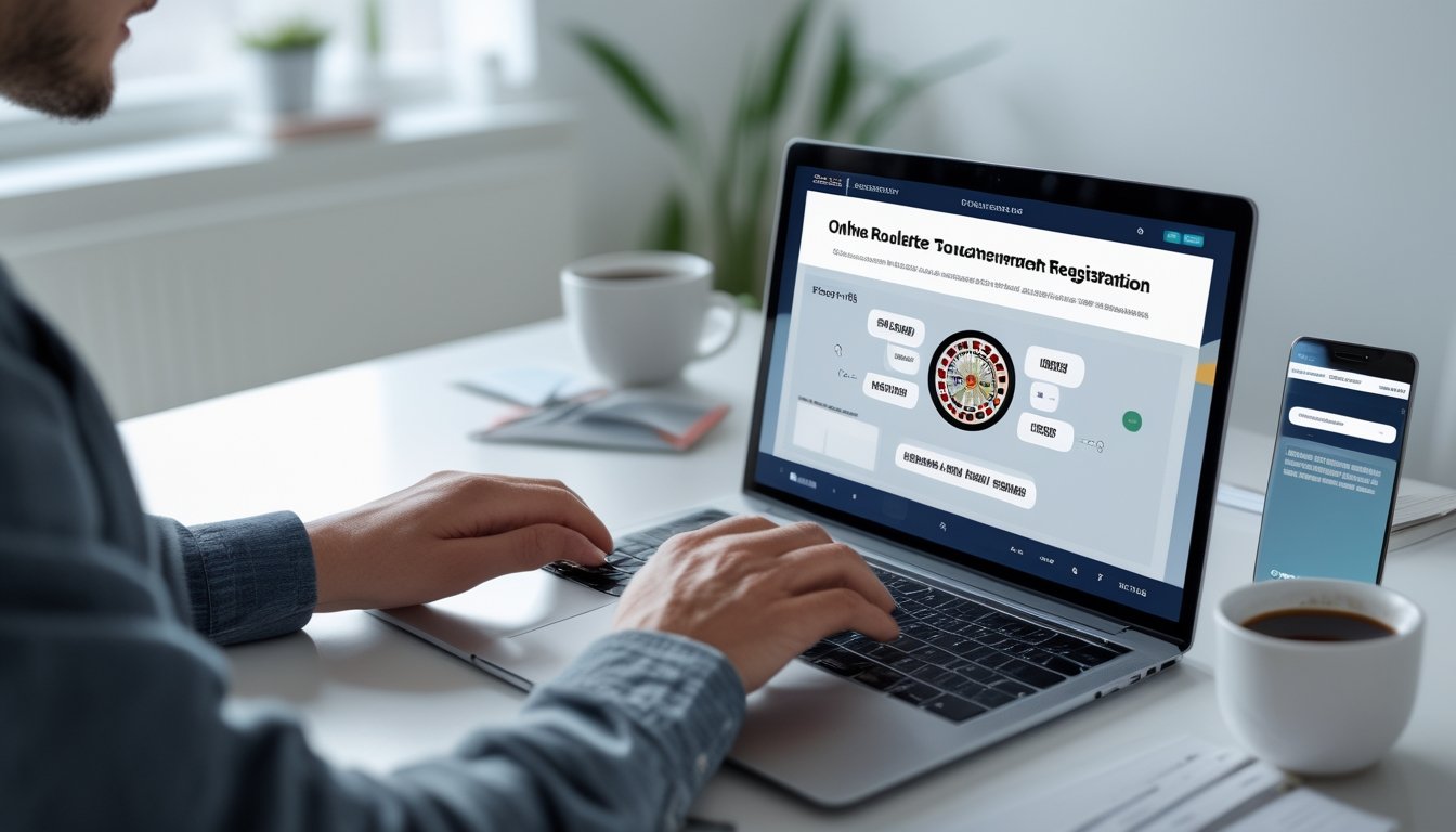 Seseorang sedang menggunakan laptop dan ponsel di meja kerja dengan roda roulette di layar, mempersiapkan pendaftaran turnamen roulette online.