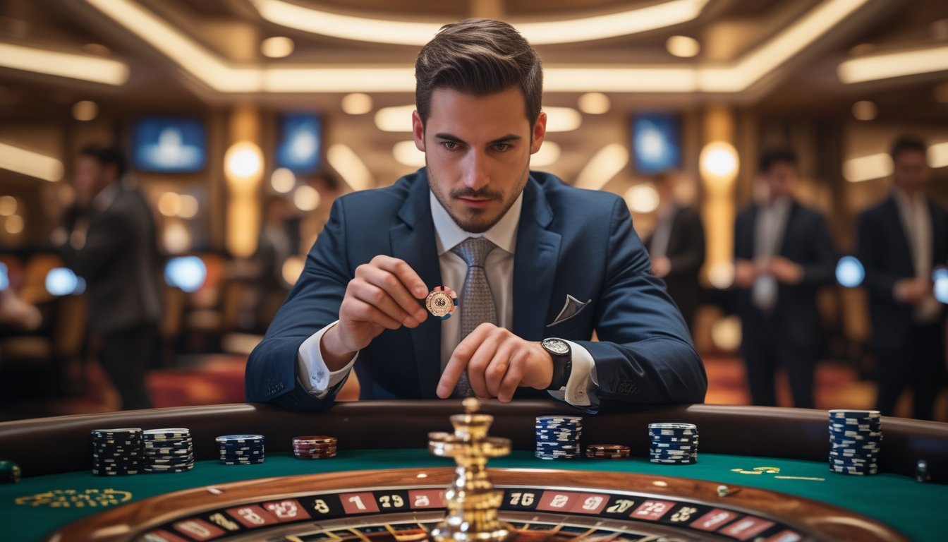 Seorang pemain profesional sedang fokus memperhatikan meja roulette di sebuah turnamen kasino dengan suasana elegan dan ramai.