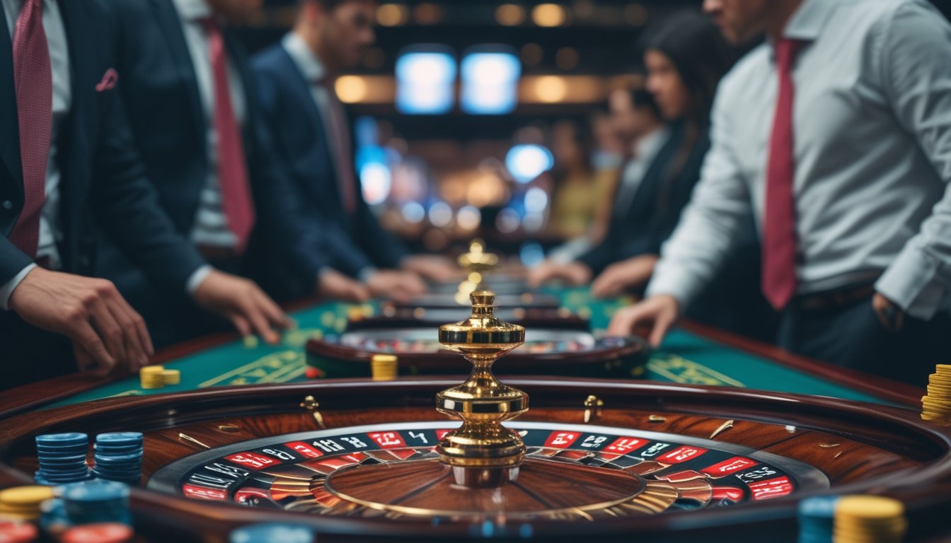 Meja roulette dengan roda yang berputar dan pemain profesional yang fokus bermain di turnamen kasino.