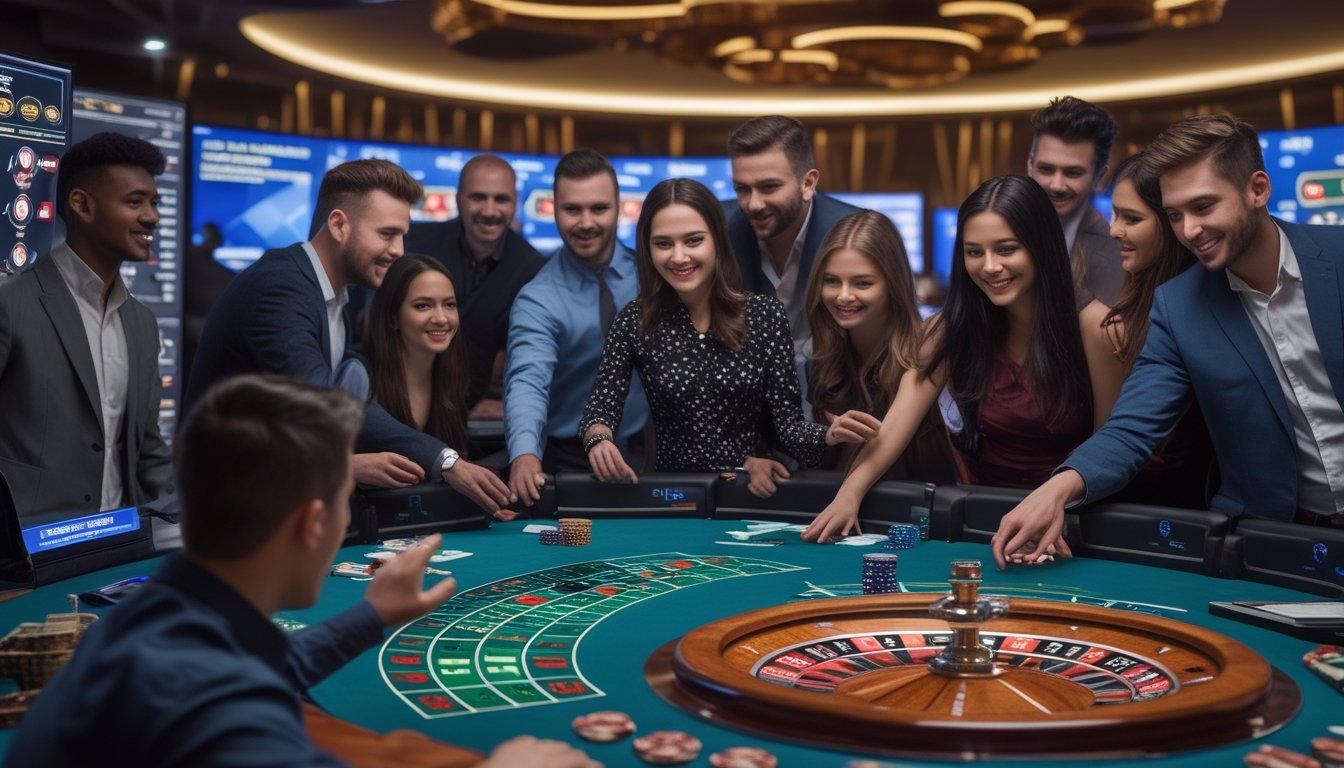 Sekelompok orang bermain roulette secara online dengan komputer dan tablet di lingkungan kasino modern.