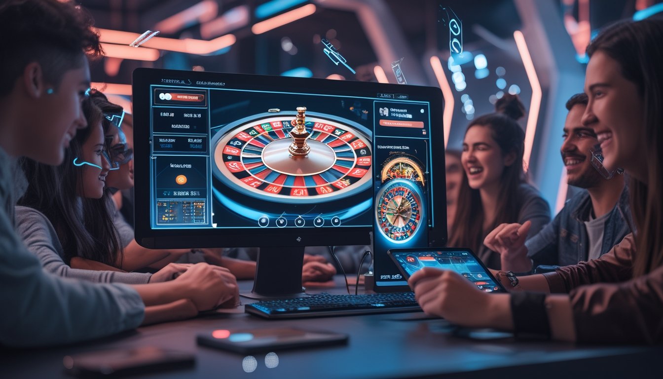 Beberapa orang muda sedang bermain turnamen roulette di perangkat digital dengan latar belakang lounge permainan modern.