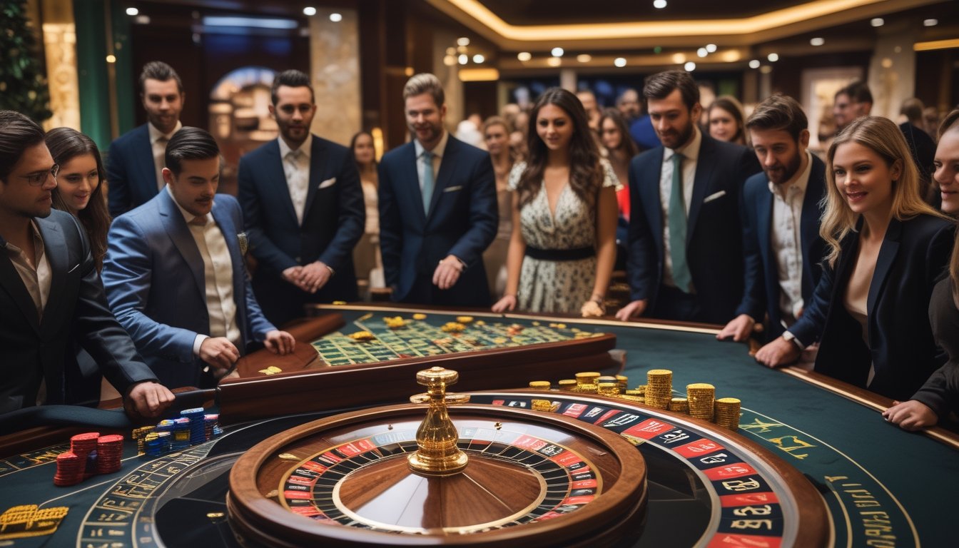 Suasana turnamen roulette di kasino dengan meja roulette, pemain yang serius, dan dekorasi mewah di latar belakang.