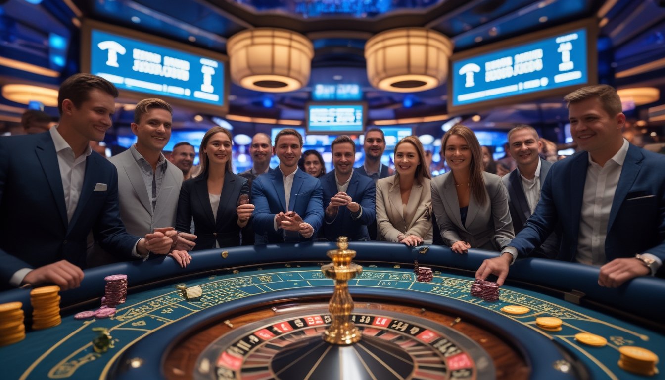 Suasana turnamen roulette di kasino dengan pemain yang fokus mengamati roda roulette yang berputar dan suasana kompetitif.