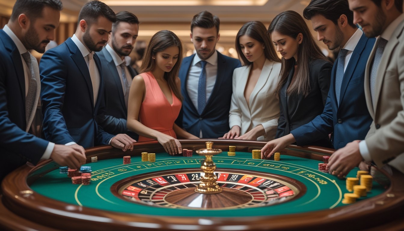 Meja roulette turnamen dengan pemain yang sedang memasang taruhan di kasino mewah.