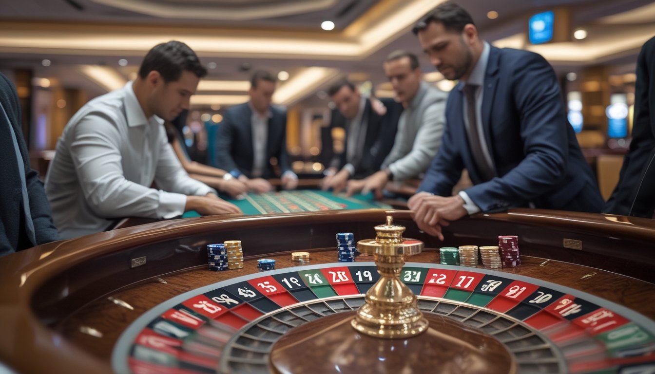 Meja roulette turnamen di kasino dengan pemain yang sedang memasang taruhan dan roda roulette yang berputar.