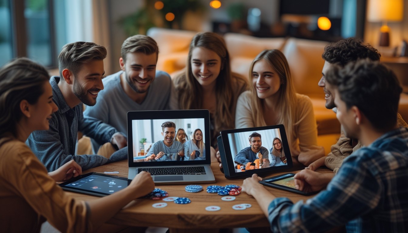 Sekelompok orang muda bermain poker online secara virtual melalui panggilan video di ruang tamu yang nyaman.