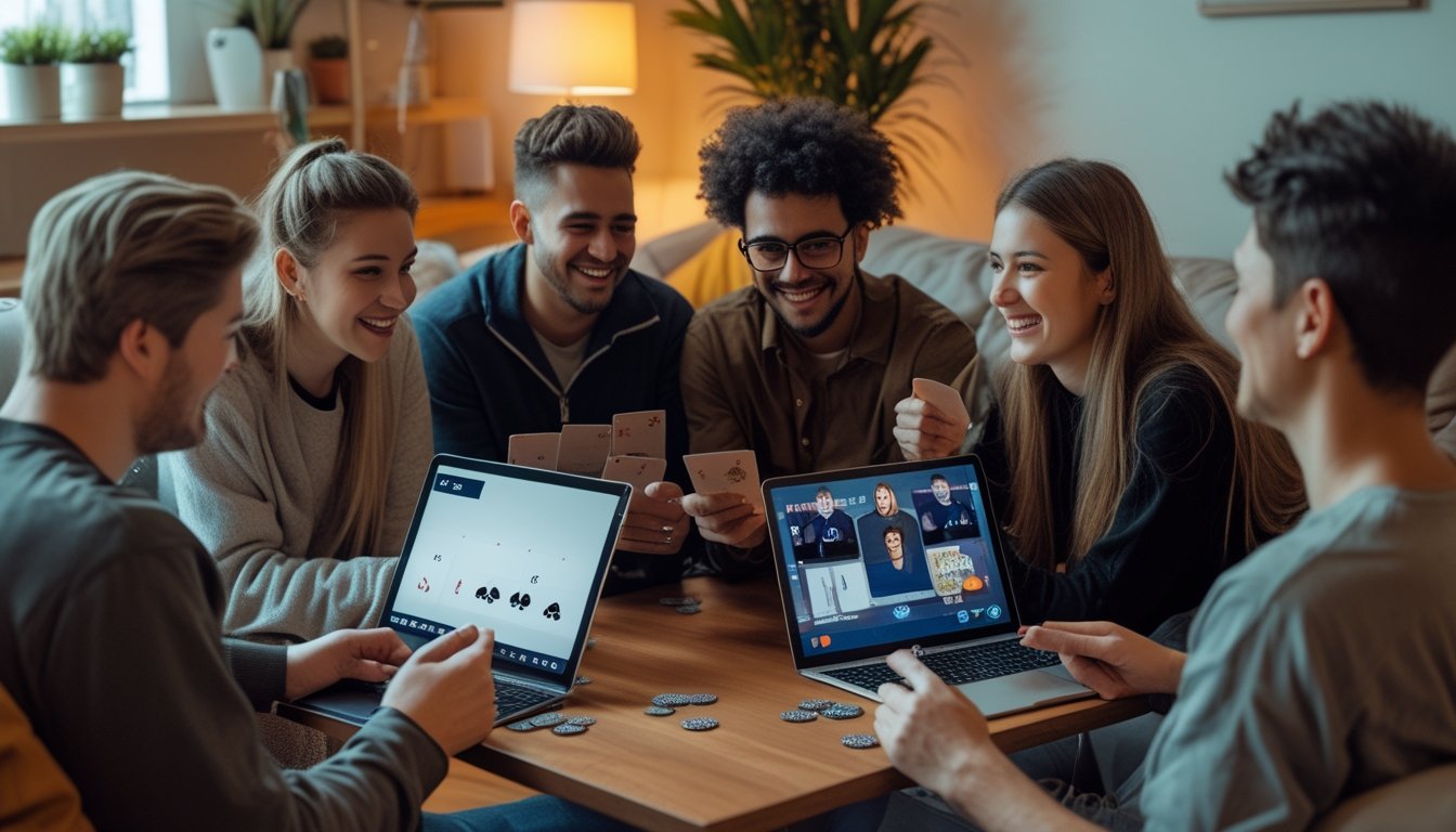 Sekelompok orang muda bermain strip poker secara virtual menggunakan laptop dan tablet di ruang tamu yang nyaman.