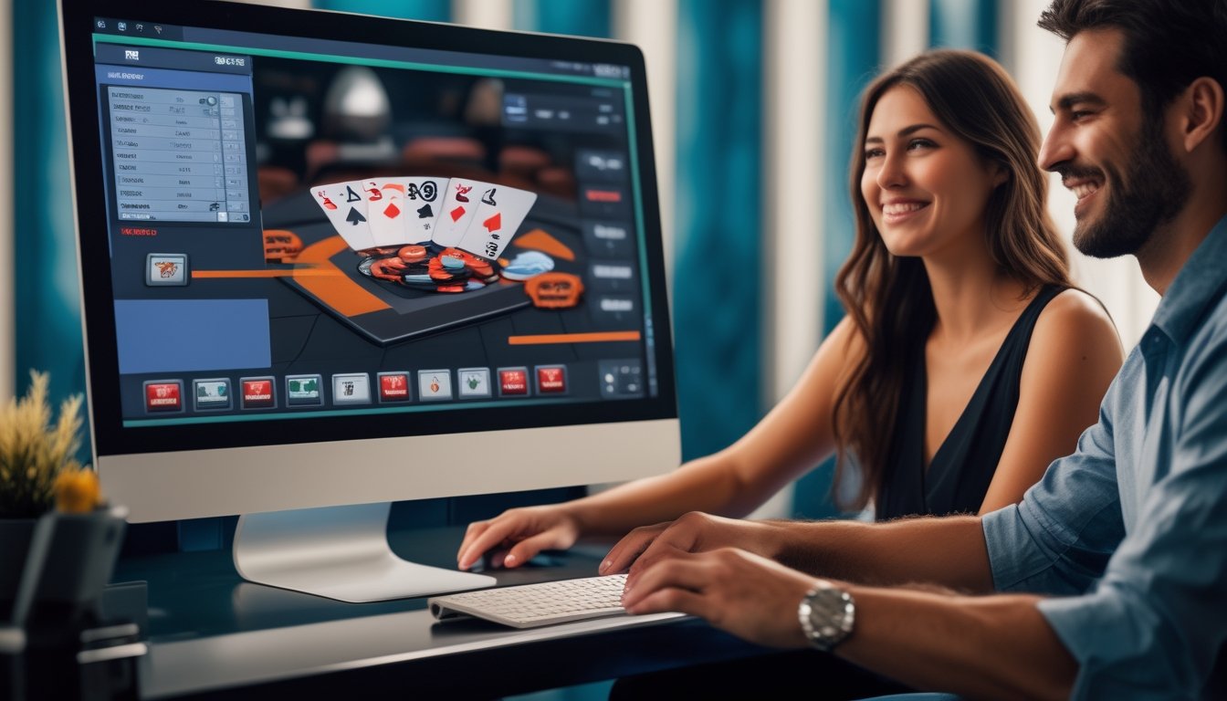 Dua orang muda sedang bermain poker online di depan komputer dengan suasana santai dan fokus.