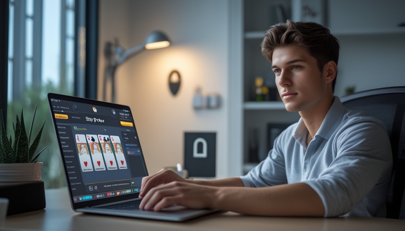 Seseorang duduk di depan laptop di ruang kerja modern, fokus pada permainan poker online dengan suasana yang aman dan terpercaya.