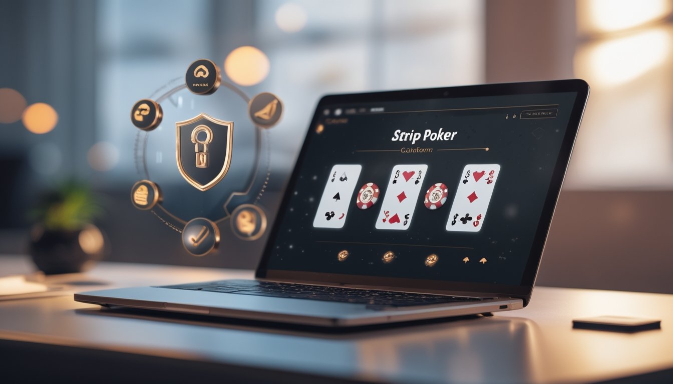 Seorang pengguna sedang bermain poker online di laptop dengan ikon keamanan di layar, di meja yang rapi.