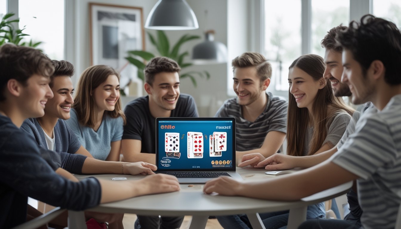 Sekelompok orang muda sedang bermain strip poker online bersama di ruang tamu, terlihat santai dan saling menghormati.