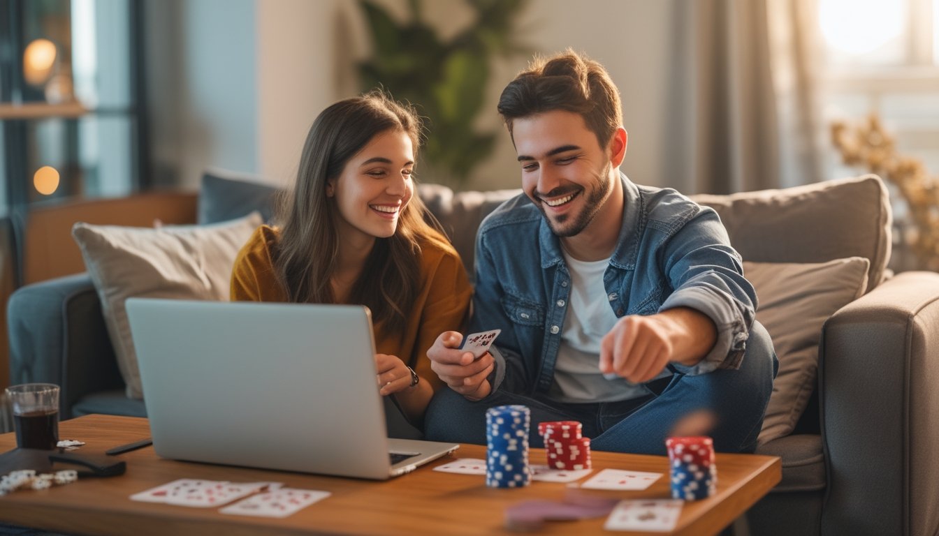 Pasangan duduk bersama di ruang tamu yang nyaman, bermain poker online dengan laptop di meja kopi sambil tersenyum dan menikmati waktu bersama.
