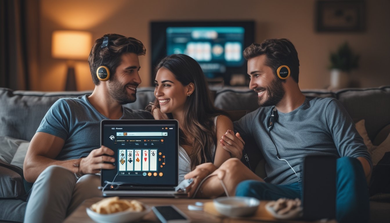 Pasangan duduk bersama di ruang tamu yang nyaman dengan laptop menampilkan permainan poker online.