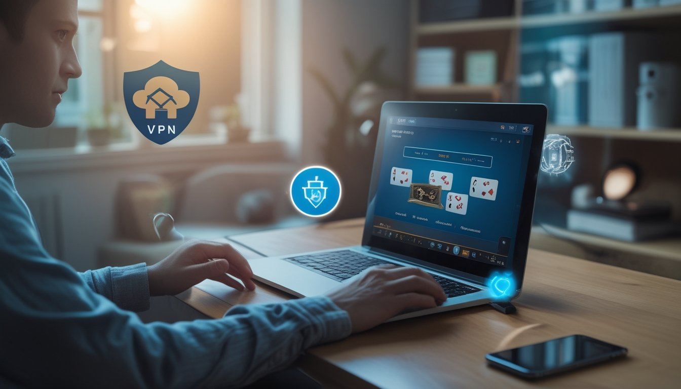 Seseorang duduk di meja rumah bermain poker online di laptop dengan suasana yang nyaman dan aman.