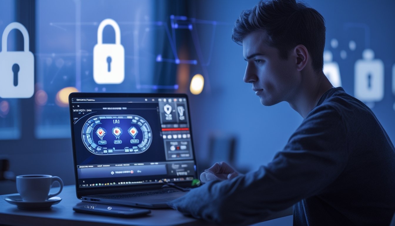 Seorang dewasa muda duduk di meja dengan laptop yang menampilkan permainan poker online, terlihat fokus dan berhati-hati dalam ruangan dengan pencahayaan lembut.