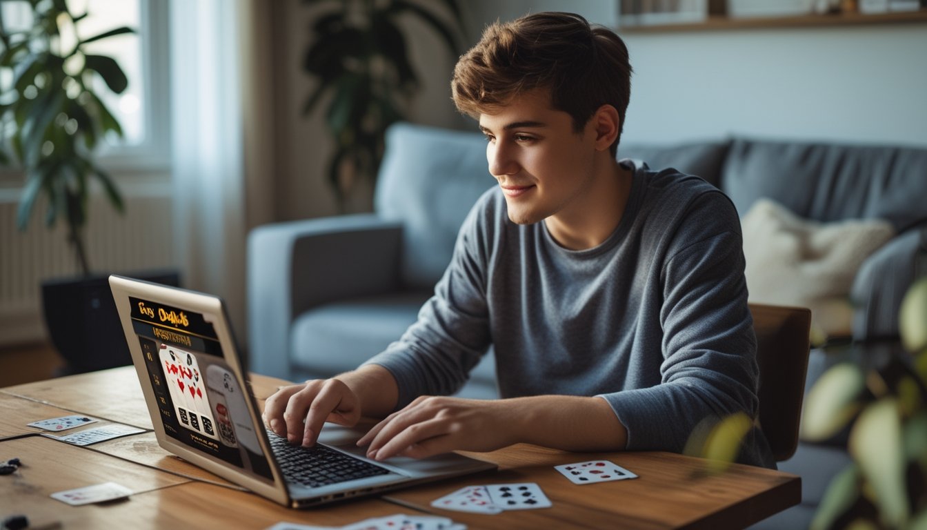 Seseorang muda sedang bermain poker online di laptop di ruang tamu yang nyaman.
