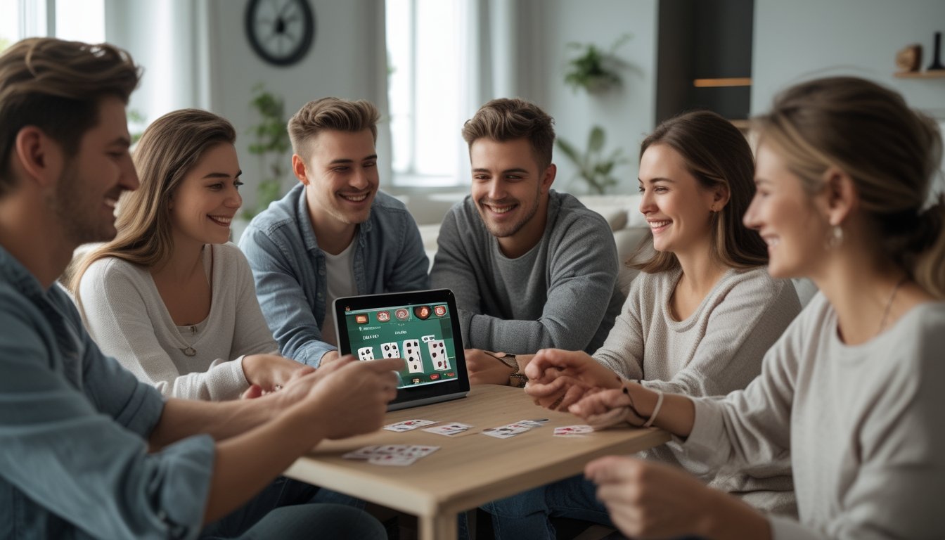 Sekelompok orang muda sedang bermain strip poker online bersama di ruang tamu yang nyaman dengan laptop menampilkan permainan poker.
