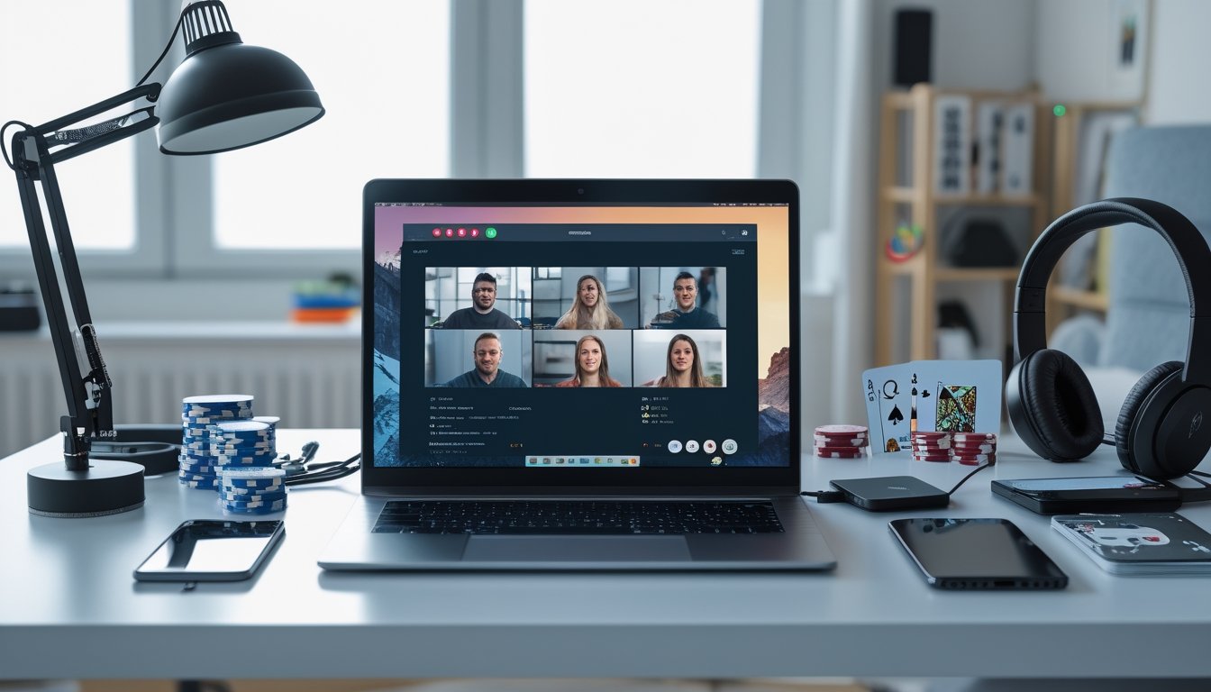 Seseorang sedang menyiapkan perangkat dan koneksi di meja kerja dengan laptop terbuka menampilkan panggilan video dan perangkat pendukung seperti webcam, headphone, dan router wifi.
