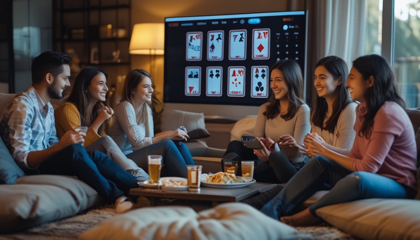 Sekelompok teman dekat sedang bermain permainan kartu online di ruang tamu yang nyaman dengan suasana santai dan ceria.