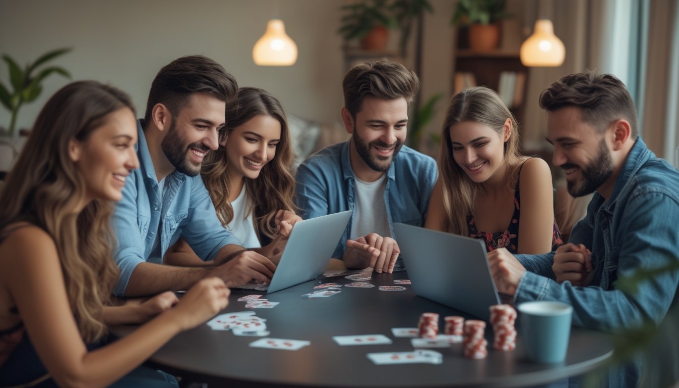 Sekelompok teman dekat sedang bermain permainan strip poker online di ruang tamu yang nyaman dengan laptop dan ponsel di meja.