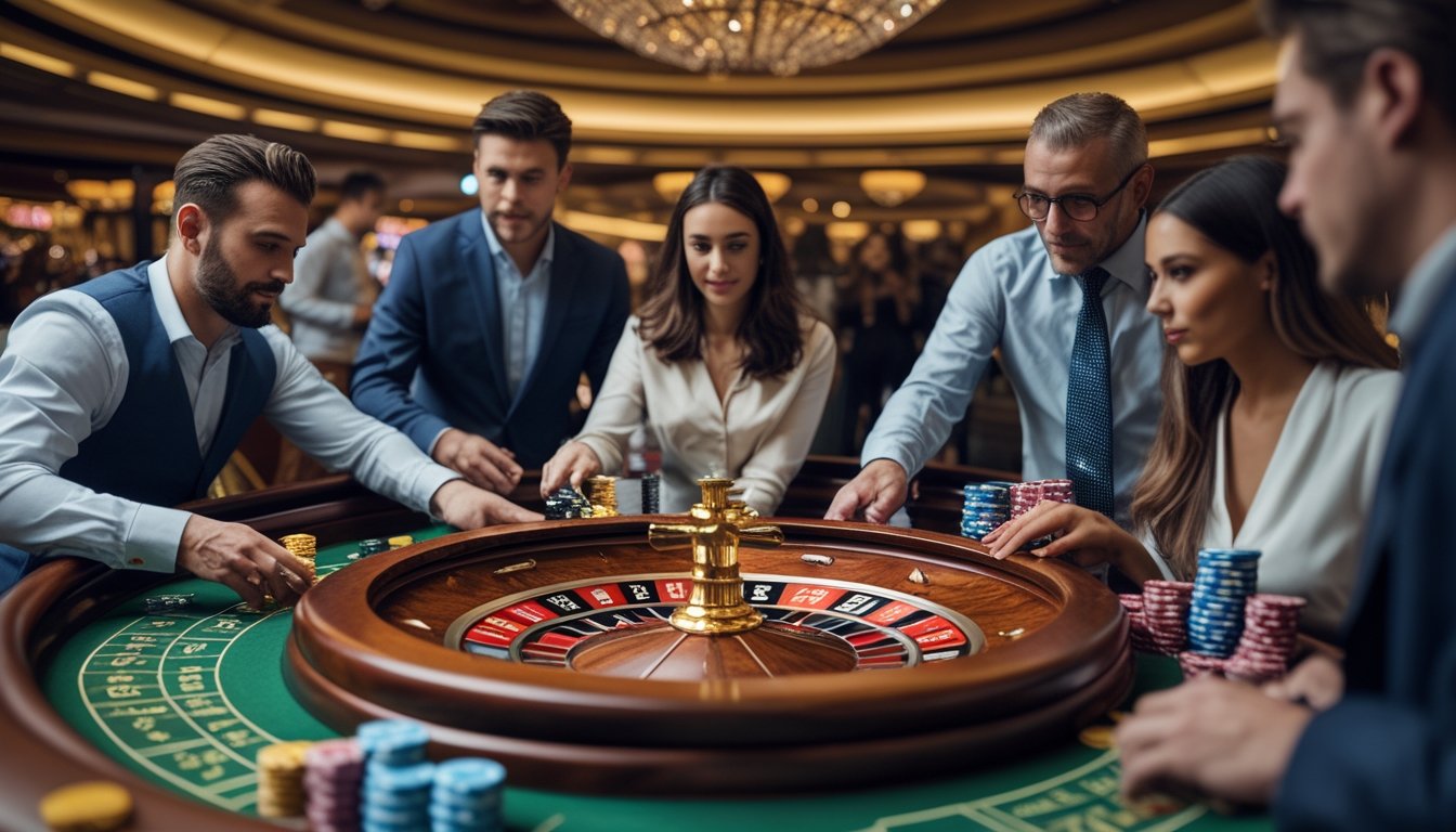 Beberapa orang sedang bermain roulette Amerika di meja kasino dengan roda roulette berputar dan chip taruhan di atas meja.