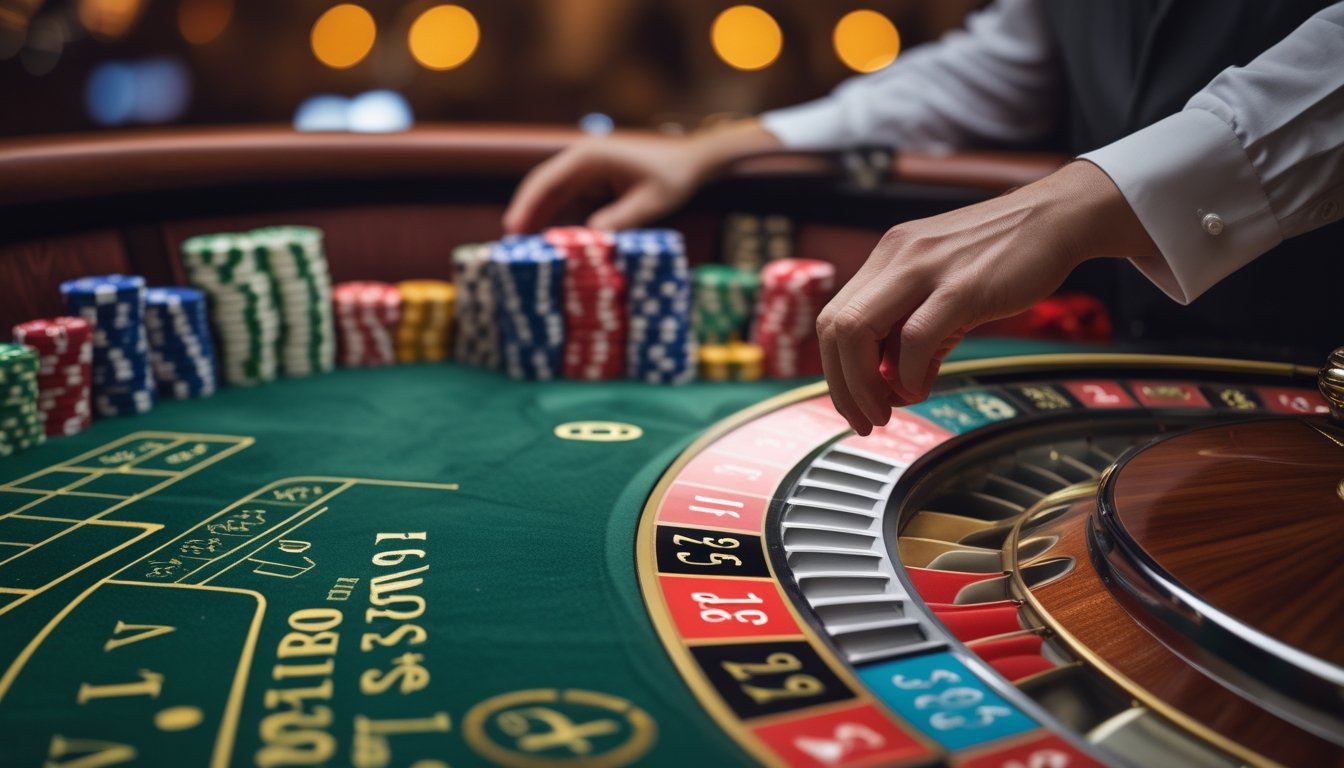 Meja permainan American Roulette dengan roda roulette, chip kasino, dan tangan dealer siap memutar roda.