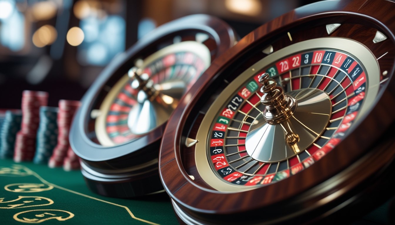 Dua roda roulette berdampingan di atas meja kasino dengan tumpukan chip di sampingnya.