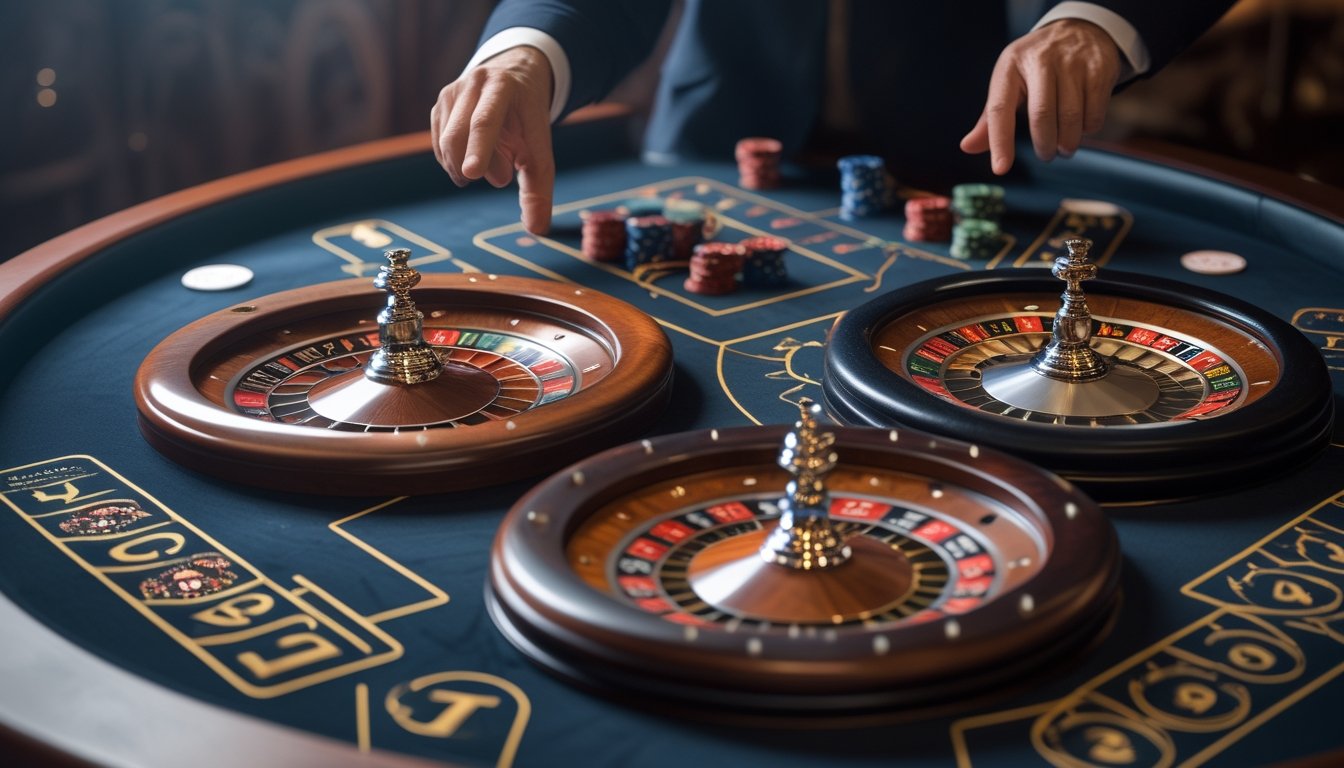 Meja kasino dengan dua roda roulette, satu dengan nol ganda dan satu dengan nol tunggal, menunjukkan perbedaan tata letak permainan.