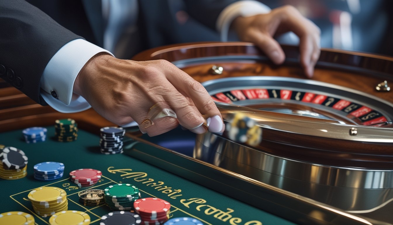 Meja roulette Amerika dengan roda berputar dan tumpukan chip taruhan, tangan seseorang sedang meletakkan chip di atas meja.