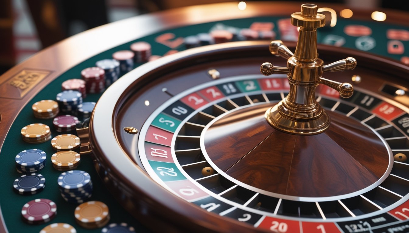 Meja roulette Amerika dengan roda roulette dan chip taruhan berwarna-warni di kasino.