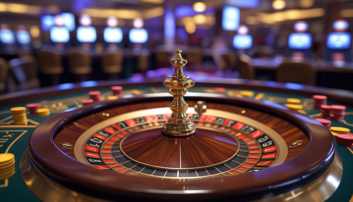 Meja roulette Amerika dengan roda yang menampilkan slot nol ganda dan tumpukan chip di atas meja kasino.