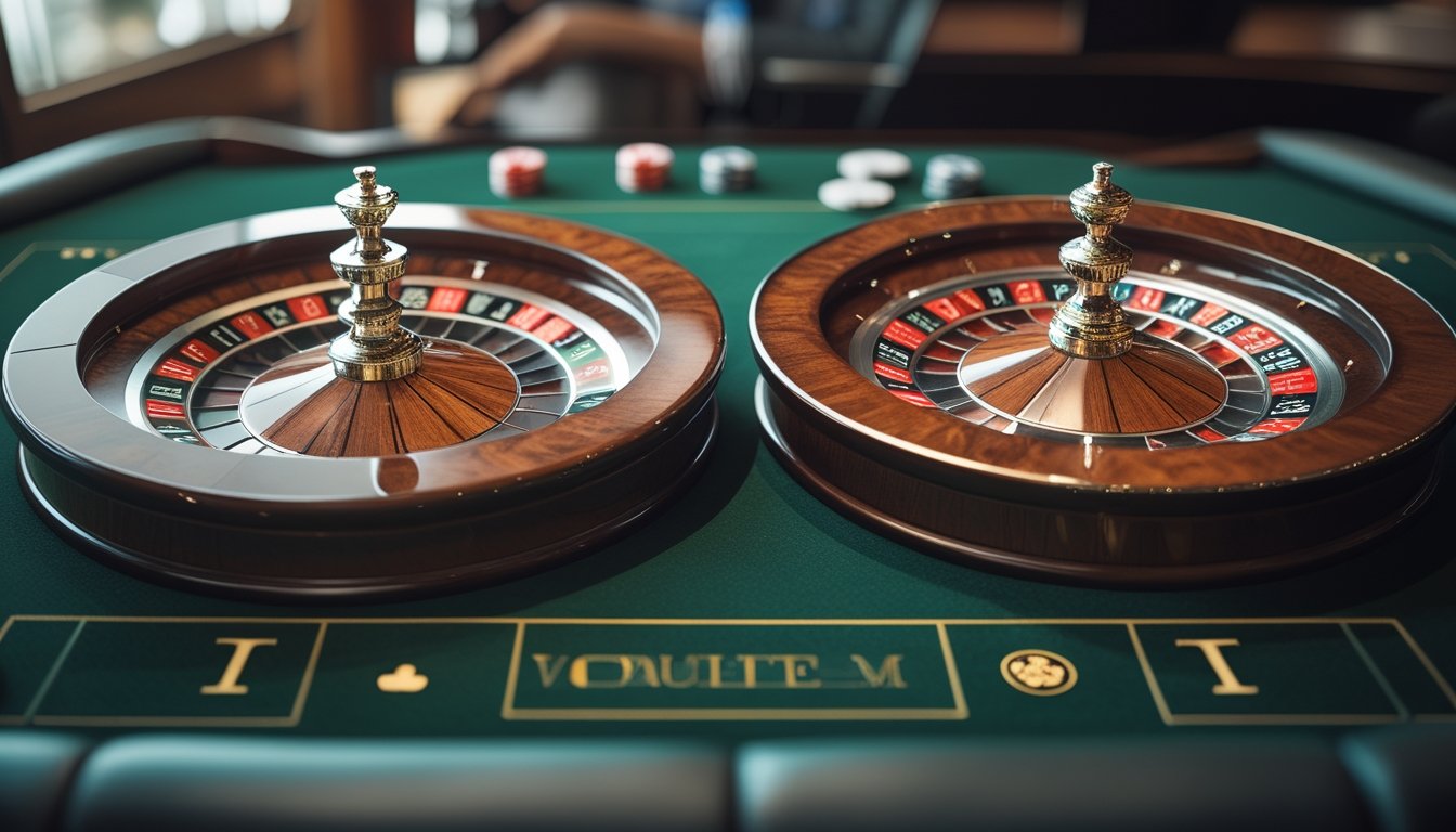 Dua roda roulette berdampingan di meja kasino, satu dengan nol ganda dan satu dengan nol tunggal.