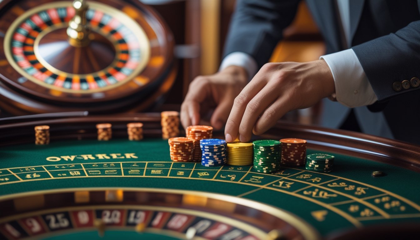 Seorang pemain sedang menempatkan chip di meja roulette Amerika dengan roda roulette terlihat di latar belakang.
