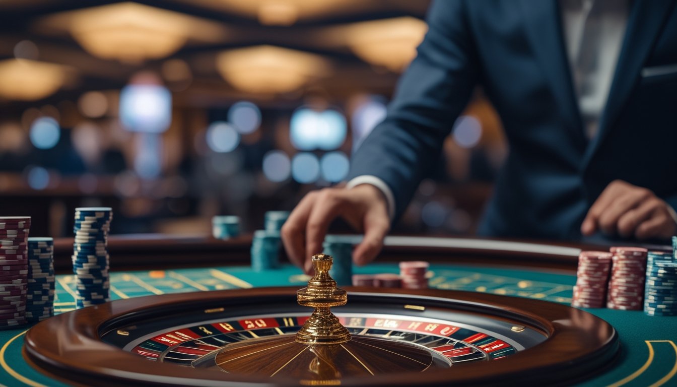 Seorang pemain berjudi yang berpakaian rapi sedang mengatur chip di meja roulette Amerika dengan roda roulette terlihat berputar di latar belakang kasino.