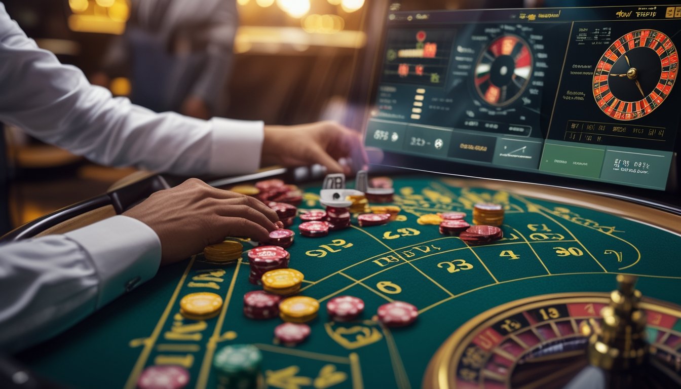 Meja roulette Amerika dengan roda roulette dan chip taruhan, seorang orang sedang menganalisis data probabilitas menggunakan layar digital transparan di atas meja.