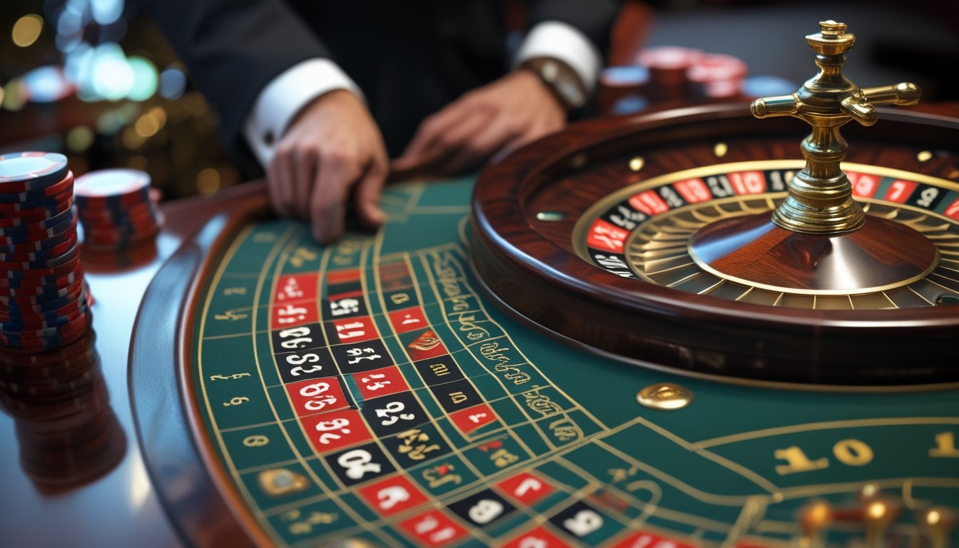 Meja roulette Amerika dengan roda roulette, tumpukan chip, dan tangan bandar sedang meletakkan chip di meja.