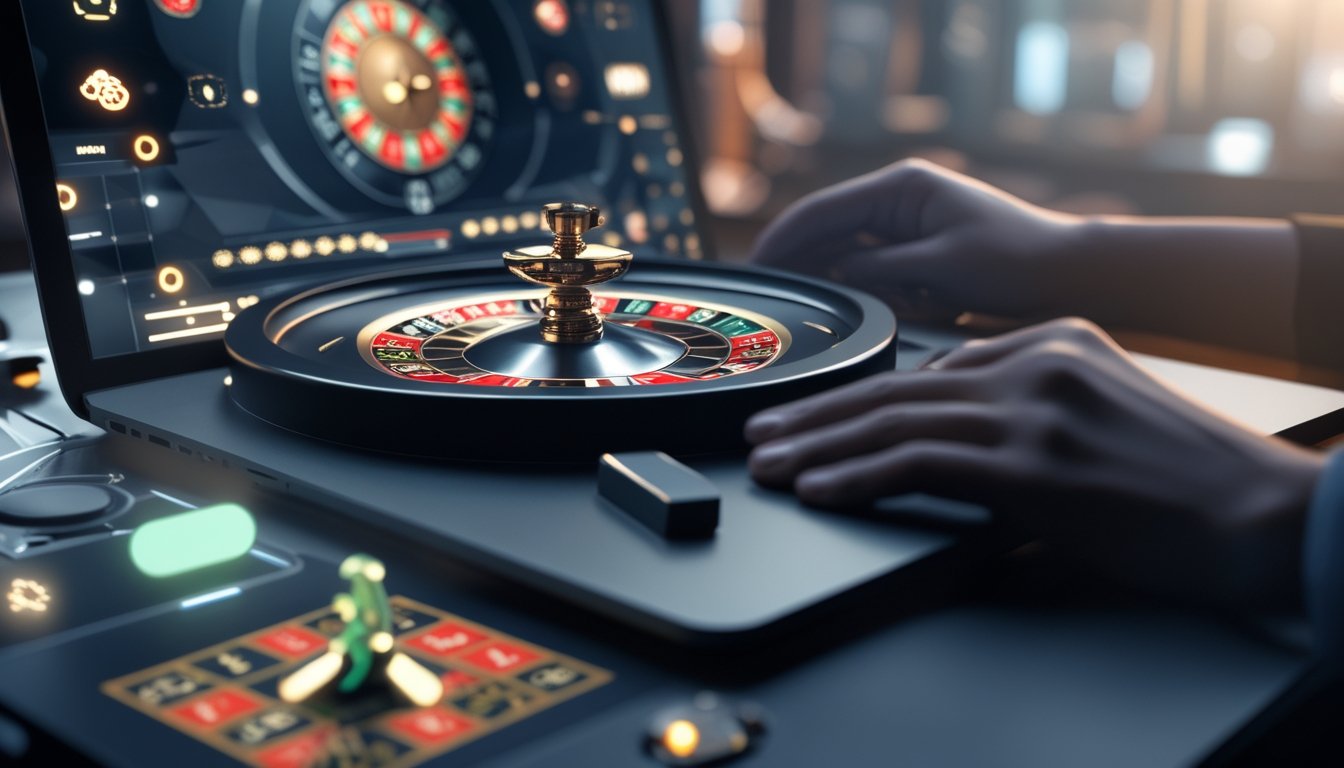 Sebuah meja dengan komputer menampilkan roda roulette Amerika yang berwarna-warni dan suasana bermain judi online yang modern.