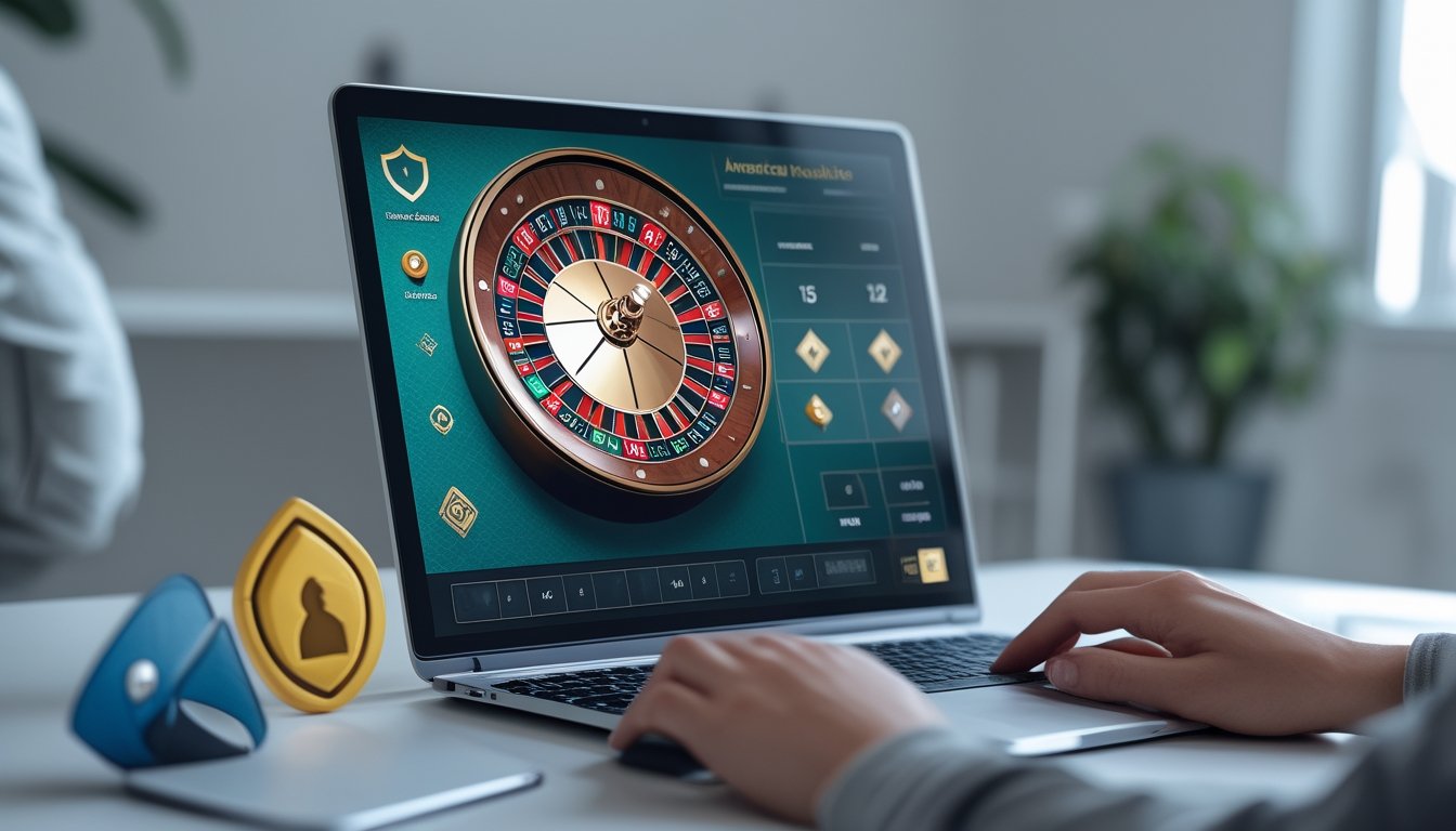 Seorang pengguna sedang bermain roulette Amerika secara online di komputer dengan tampilan roda roulette yang jelas dan simbol keamanan di latar belakang.