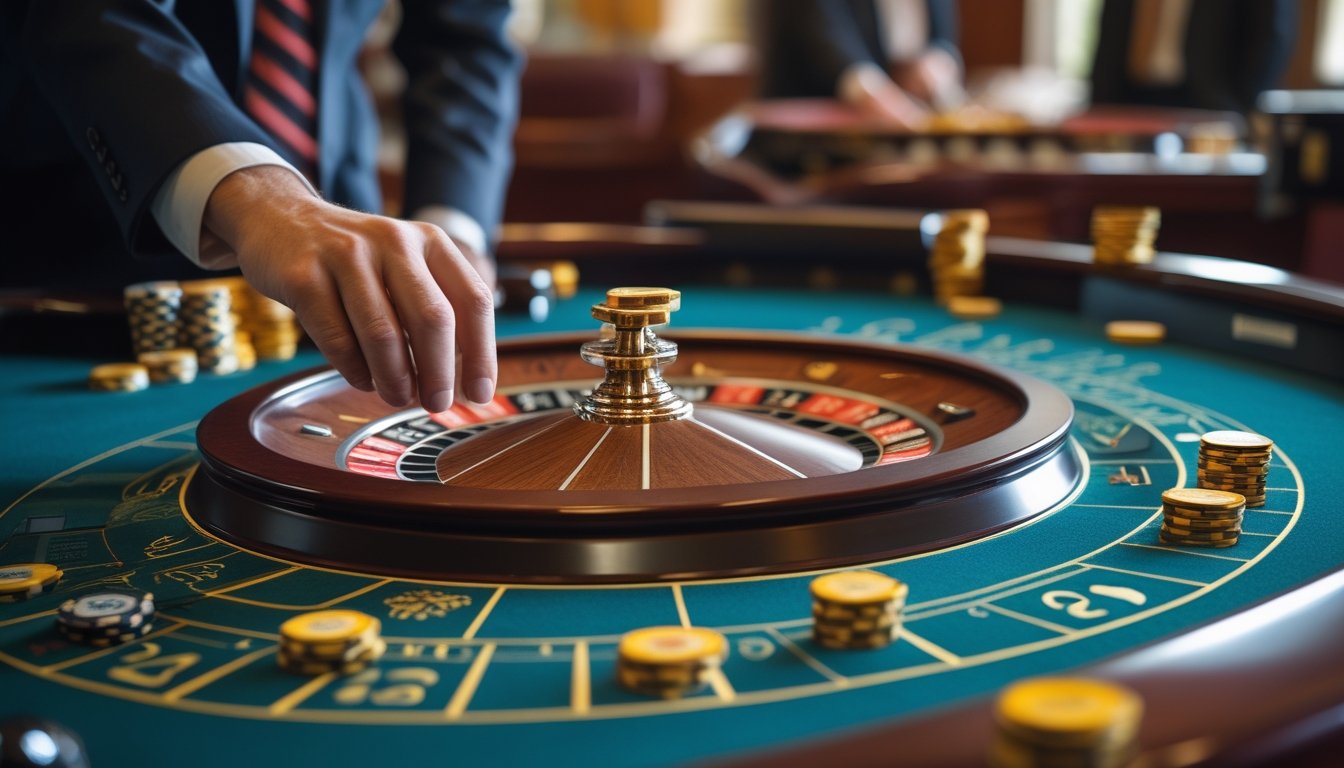 Meja roulette Amerika dengan tangan pemain yang meletakkan chip taruhan secara strategis.