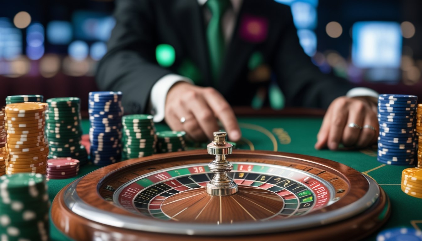 Meja roulette Amerika dengan roda roulette dan tumpukan chip, seorang pemain sedang memasang chip pada tata letak taruhan.