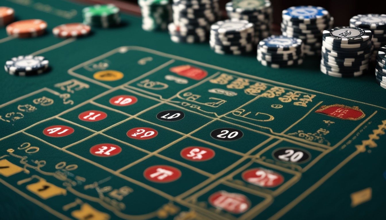Meja roulette Amerika dengan angka nol tunggal dan nol ganda terlihat dari atas, menampilkan area taruhan hijau dan beberapa chip taruhan.