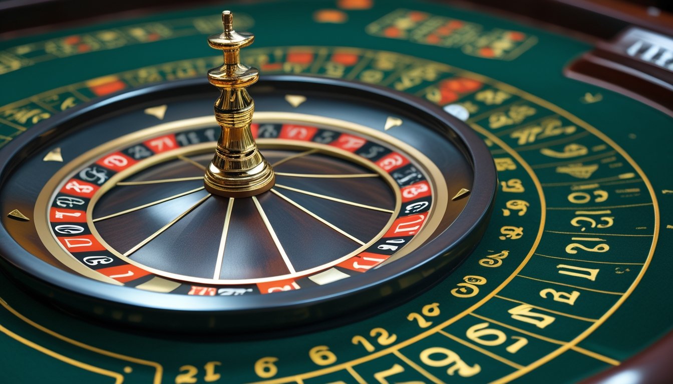 Meja roulette Amerika dengan susunan angka termasuk angka nol ganda (00) pada permukaan hijau.
