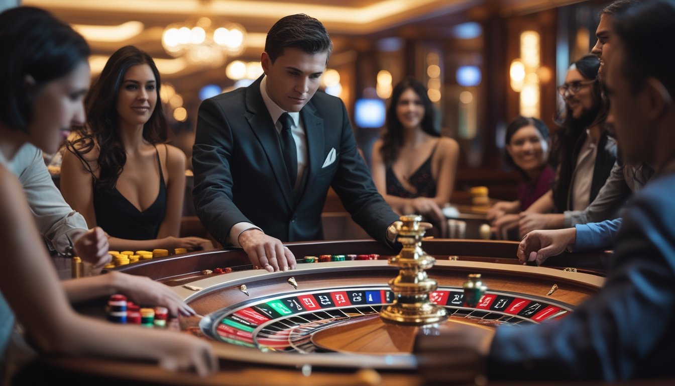 Meja roulette Amerika dengan roda berputar dan pemain sedang memasang taruhan di kasino mewah.