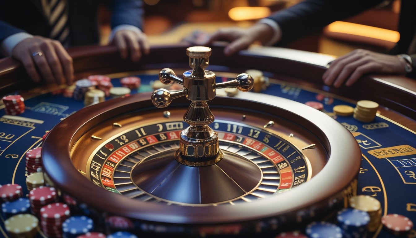 Meja roulette Amerika dengan roda roulette dan chip taruhan di kasino.