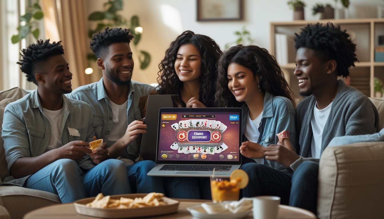 Sekelompok teman muda bermain poker online bersama di ruang tamu yang nyaman, tertawa dan bersenang-senang dengan laptop di depan mereka.