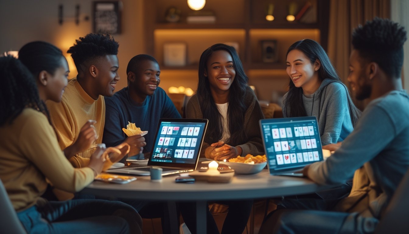 Sekelompok orang muda sedang berkumpul di meja dengan laptop dan ponsel, bersiap bermain poker online bersama dengan suasana santai dan ceria.